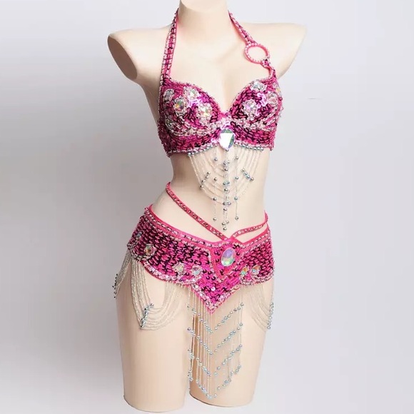 Hot Pink Sequin Bra and Belt Carnival BellyDance Performance Dancewear - Picture 10 of 13